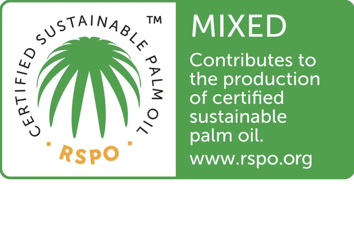 Logo RSPO certified garantissant l’approvisionnement durable de l’huile de palme utilisée dans la fabrication de nos produits. Notre huile de palme est certifiée ségréguée ou bilan de masse / mass balance.