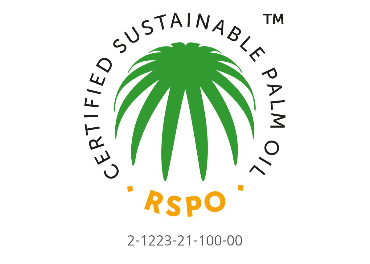 Logo RSPO certified garantissant l’approvisionnement durable de l’huile de palme utilisée dans la fabrication de nos produits. Notre huile de palme est certifiée ségréguée ou bilan de masse / mass balance.